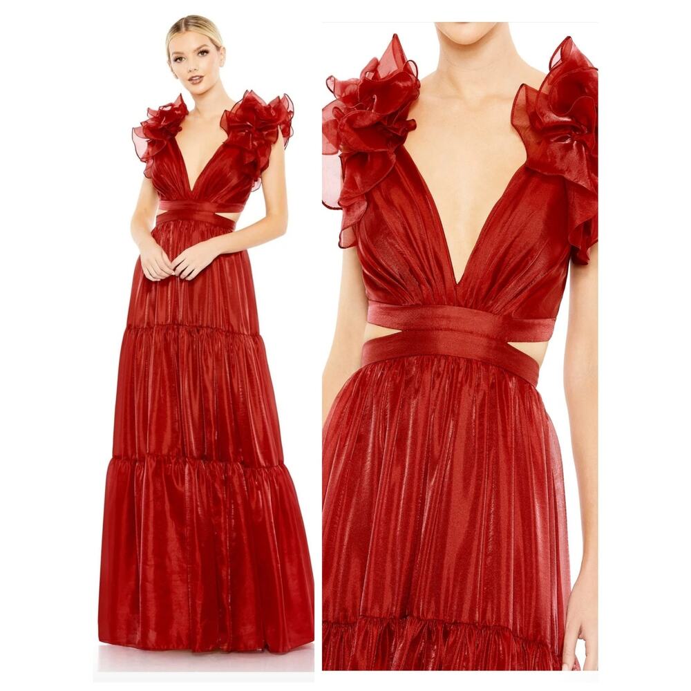Mac Duggal 49528 Red Wine Ruffle Tiered A-Line Cutout Formal Gown Maxi Dress 6